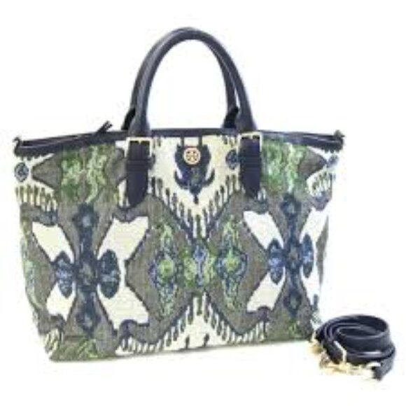 Tory Burch Finley Jacquard Satchel Blue and Green Patterned Women's Bag - Picture 1 of 12